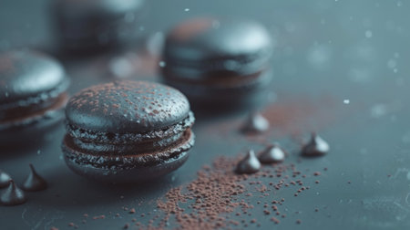 A close up of a group of chocolate macarons on top of each other, AIの素材