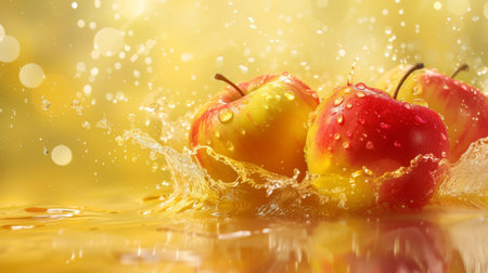 Three apples are being splashed with water in a bowl, AIの素材