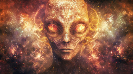 A close up of an alien head with glowing eyes and a space background, AIの素材