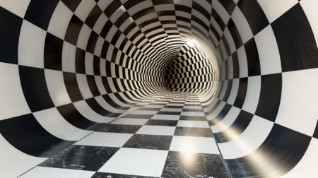 A tunnel with a checkered floor and black walls, AIの素材