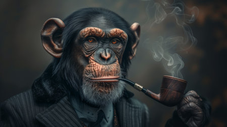 A monkey with a pipe smoking and wearing an old suit, AIの素材