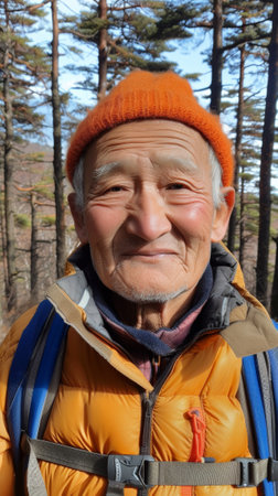 An older man wearing a orange hat and jacket in the woods, AIの素材