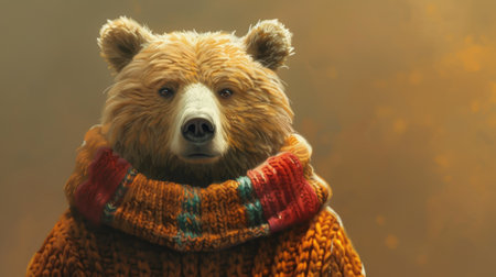 A close up of a bear wearing an orange sweater, AIの素材