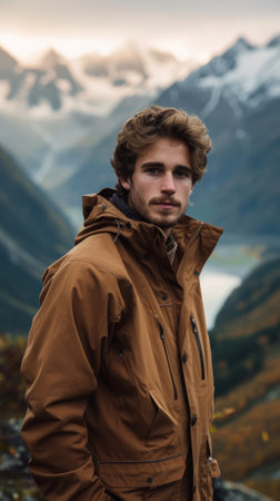 A man in brown jacket standing on a mountain top, AIの素材