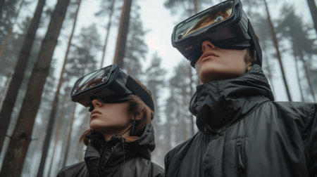Two people wearing virtual reality goggles in a forest, AIの素材