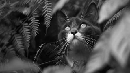 A black and white photo of a cat looking up through the leaves, AIの素材