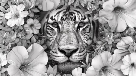 A tiger is surrounded by flowers in a black and white photo, AIの素材