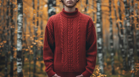 A man in a red sweater standing next to trees, AIの素材