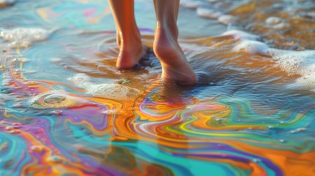 A person standing in a puddle of colorful water with their feet, AIの素材