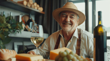 A man in a straw hat smiling while holding wine glass, AIの素材