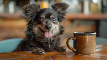 A small dog sitting on a table next to a coffee cup, AIの素材