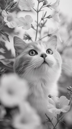 A cat looking up through a bunch of flowers in black and white, AIの素材