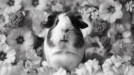 A black and white photo of a guinea pig in flowers, AIの素材
