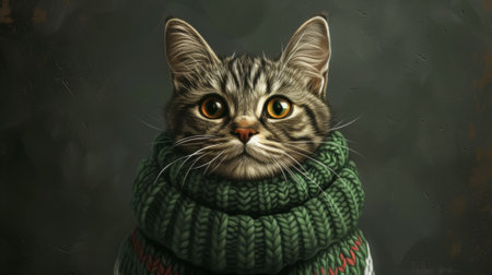 A painting of a cat wearing an ugly sweater and scarf, AIの素材
