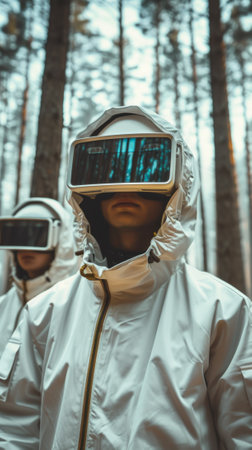 Two people wearing virtual reality goggles in the woods, AIの素材