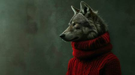 A wolf wearing a red sweater with his head turned, AIの素材