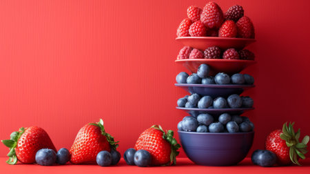 A stack of bowls filled with berries and blueberries on a red background, AIの素材