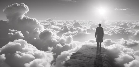 A man standing on top of a mountain looking out over the clouds, AIの素材