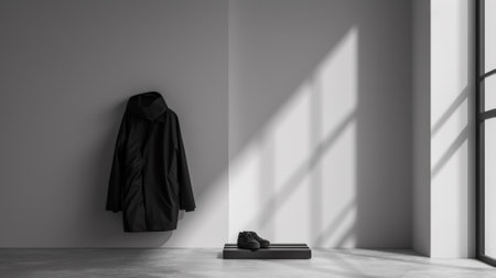 A coat hanging on a wall next to some shoes, AIの素材