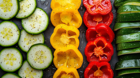 A close up of sliced peppers and cucumbers on a cutting board, AIの素材
