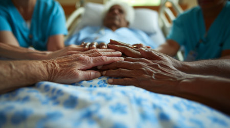 A group of people holding hands around a bed with an elderly man in it, AIの素材