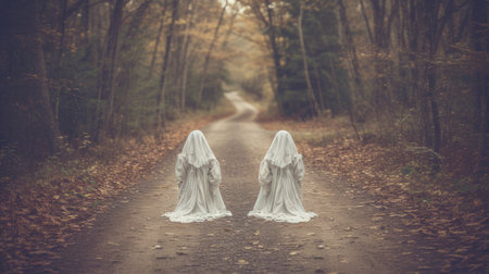 Two ghosts dressed in white standing on a dirt road, AIの素材