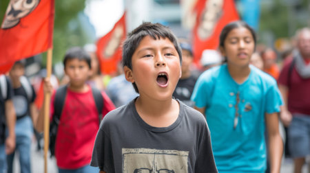 A boy in a black shirt with his mouth open and holding an orange flag, AIの素材