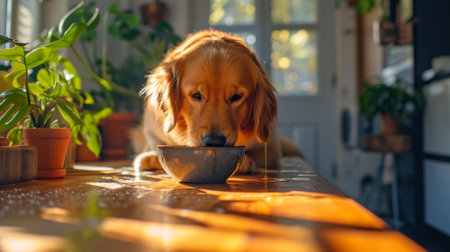 A dog drinking from a bowl on the table in front of him, AIの素材