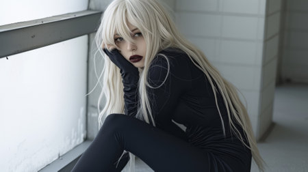 A woman with long blonde hair sitting on a window sill, AIの素材