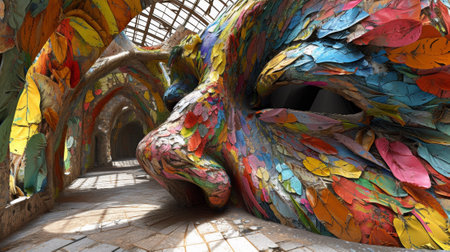 A large colorful mask is sitting on a floor in an area, AIの素材