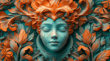 A close up of a sculpture with an orange face and green leaves, AIの素材