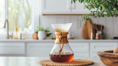 A coffee dripper on a counter next to some fruit, AIの素材