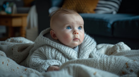 A baby in a sweater looking up at the camera, AIの素材