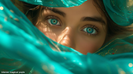 A woman with blue eyes peeking out of a green cloth, AIの素材