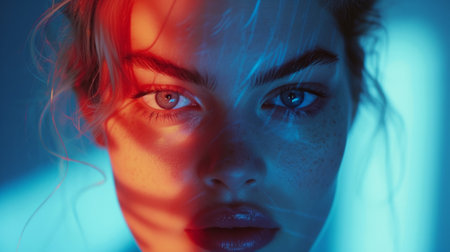 A woman with a blue background and red hair, AIの素材