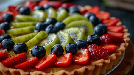 A close up of a fruit pie with kiwi, strawberries and blueberries, AIの素材