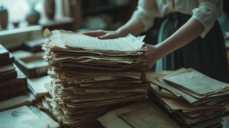 A woman holding a stack of papers in her hands, AIの素材