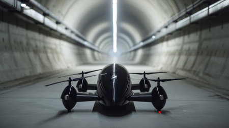 A futuristic looking flying vehicle in a tunnel with no people, AIの素材