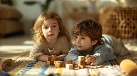 Two children laying on a rug playing with wooden blocks, AIの素材