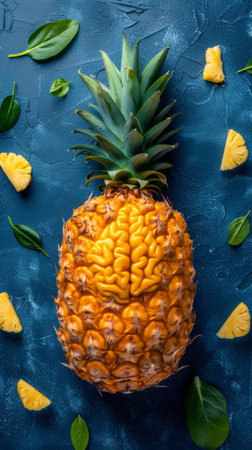 A pineapple with a brain on top surrounded by leaves, AIの素材