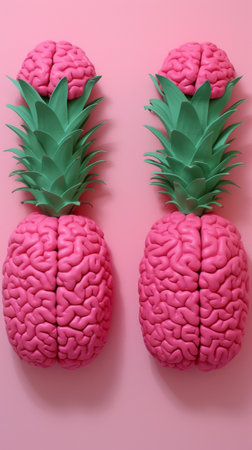 Two pink pineapples with brain shapes on them are shown, AIの素材