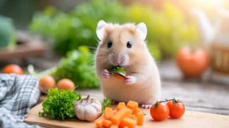 A hamster eating vegetables on a cutting board with tomatoes and carrots, AIの素材