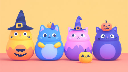 A group of five different colored cats with witch hats on, AIの素材