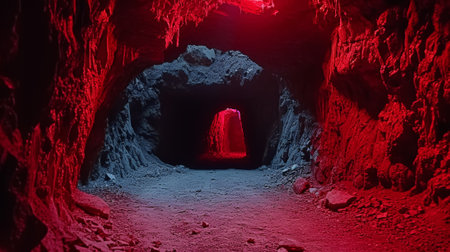 A red light shines through a dark tunnel in the middle of nowhere, AIの素材