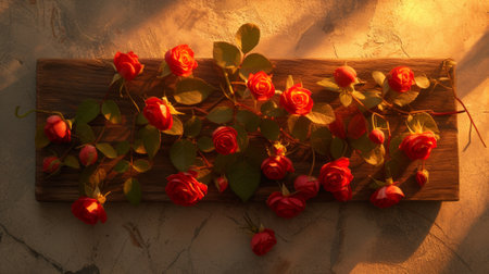 A wooden plaque with red roses on it sitting against a wall, AIの素材