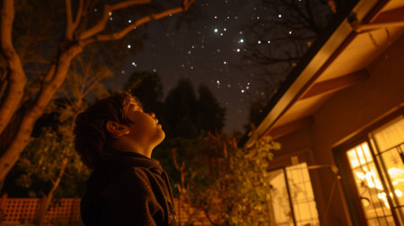 A young boy looking up at the stars in a night sky, AIの素材