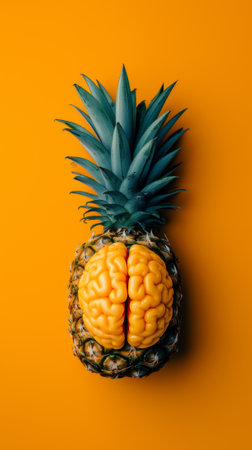 A pineapple with a brain inside of it on an orange background, AIの素材