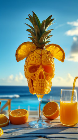 A glass of a pineapple head with orange slices in it, AIの素材