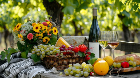 A table with a bunch of grapes, cheese and wine, AIの素材