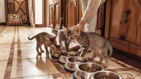 A group of three kittens eating from a bowl on the floor, AIの素材